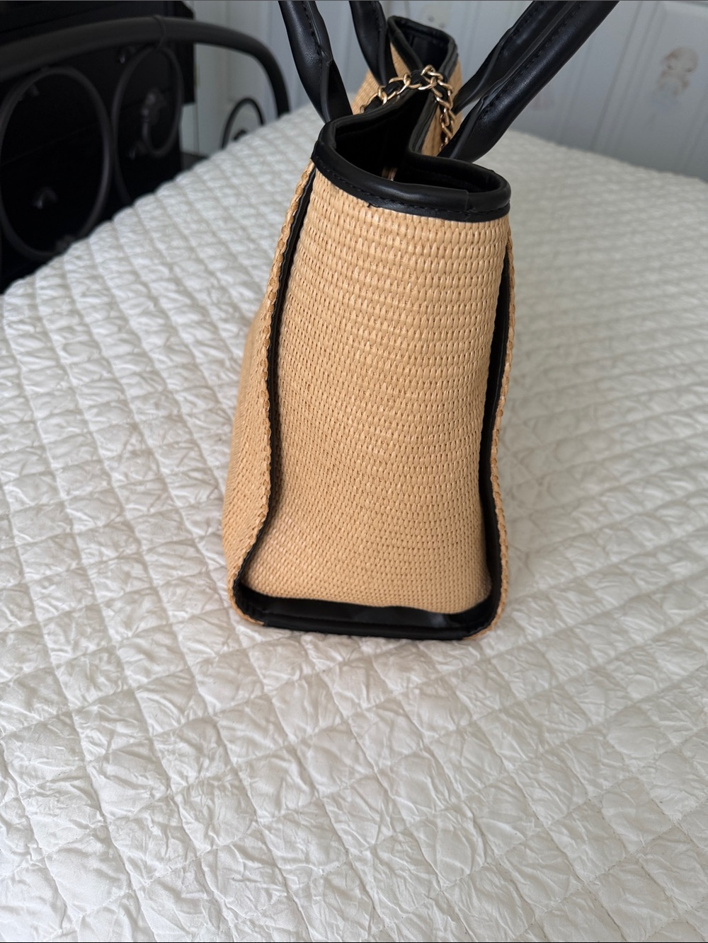 Urban Expressions Tan Woven Tote with Black Trim and Gold Chain - Picture 3 of 4